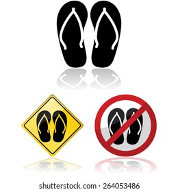 Icon illustration showing a pair of sandals, or flip flops, and related traffic signs allowing or prohibiting their use