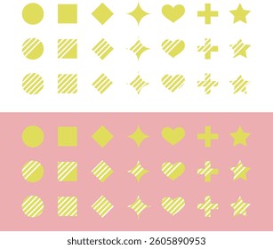 Icon illustration of simple symbols and stripes (circle, square, diamond, glitter, heart, star, cross)