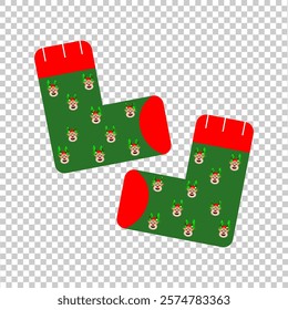 icon illustration of socks patterned with Christmas trees and Christmas reindeer in dark green