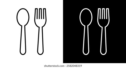 Icon illustration of a spoon and fork, editable paths, black and white