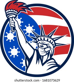 Icon illustration of statue of liberty wearing a surgical mask holding up a flaming torch with Covid-19, coronavirus american flag stars and stripes background set inside a circle done in retro style.