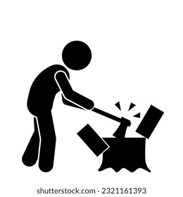 icon and illustration of a stick figure chopping wood with an axe.splitting wood