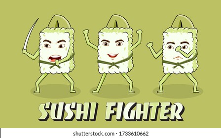 icon illustration sushi fighter kungfu, with different emotion. by rice and salmon. cute  food character, can use new menu food in cafes and restaurants in flyer or poster promotion. Vector eps 