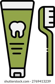 Icon illustration of a toothpaste tube with a tooth symbol next to a toothbrush, representing dental hygiene. Perfect for health, wellness, and personal care themes.