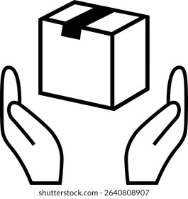 Icon illustration of two hands and a box indicating caution when handling luggage