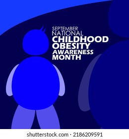 icon illustration of a very fat boy with bold text on dark blue background to commemorate National Childhood Obesity Awareness Month on September