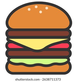 Icon illustration of a voluminous hamburger seen from the side, pop, with main line.