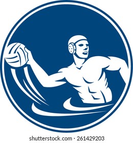 Icon illustration of a water polo player throwing ball set inside circle on isolated background done in retro style.