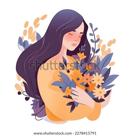 Icon Illustration of Woman Embracing Flowers in Flat Cartoon Style with Long Hair. A Vibrant and Expressive Design ストックフォト © 