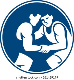 Icon illustration of wrestlers wrestling set inside circle on isolated background done in retro style.