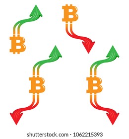 Icon illustrations of bitcoins with arrows