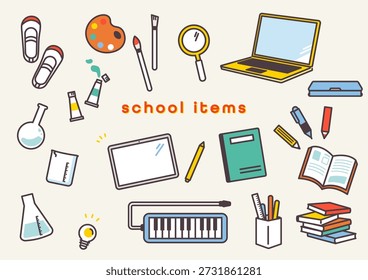 Ilustraciones de iconos con accesorios de escuela primaria adecuados para adornos. Obra de arte original creada por mí usando software de ilustración. No se usa IA.
