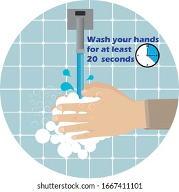 Icon illustrative of how to wash your hands correctly for 20 seconds with soap and water to prevent virus infections