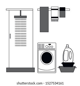Icon with the image of the bathroom: shower with running water from the shower, sink, towels.
