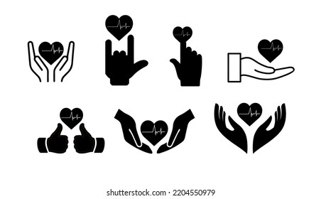 Icon image black and white hand symbol with heart showing love and care