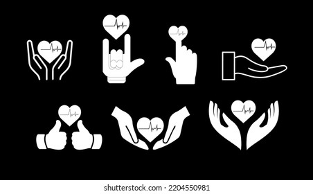 Icon image black and white hand symbol with heart showing love and care