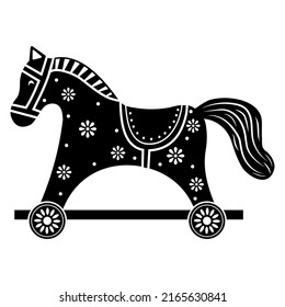 An icon with the image of a children's wooden toy rocking horse. Vector isolated illustration icon
