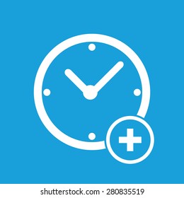 Icon with image of clock with plus, isolated on blue