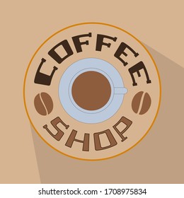 Icon with the image of a cup and coffee beans for a coffee shop, cafe on a beige background