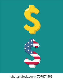 Icono con la imagen del signo del dólar. Señal de oro y signo de dólar texturado bajo la bandera estadounidense.