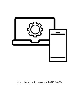 An icon with an image of an electronic device of a mobile phone and laptop with gears inside on a white background.