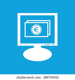 Icon with image of euro banknote on the screen, isolated on blue