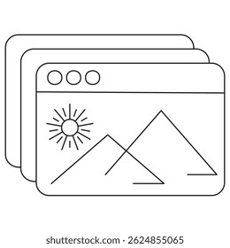 Icon of image gallery in web browser windows with landscape photo. Vector pictogram with thin black lines on a transparent background, editable line thickness, clean modern design