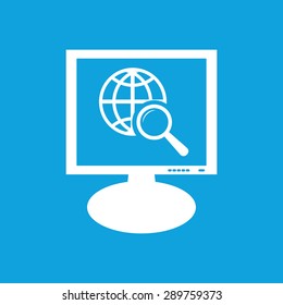 Icon with image of globe symbol under loupe on the screen, isolated on blue
