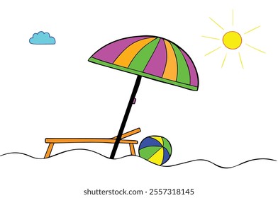 icon image of a holiday to the beach, with umbrellas, lounge chairs and children's toys.