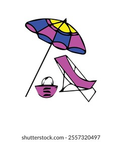 icon image of a holiday to the beach, with umbrellas, lounge chairs and children's toys.