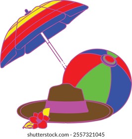 icon image of a holiday to the beach, with umbrellas, lounge chairs and children's toys.