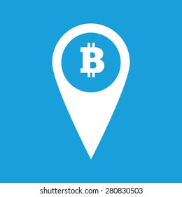 Icon with image of map marker with bitcoin symbol, isolated on blue