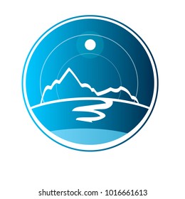 Icon with the image of mountains, sun and sea. Logo blue with a landscape.

