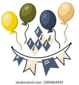 An icon with an image of an Oktoberfest-style garland, a diamond-shaped ornament, colored balloons. A set of stickers for a beer festival. Festive elements for printing, making postcards, invitations