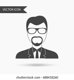 Icon with an image of a portrait of a man in glasses and suit on a white background. The flat icon for your web design, logo, UI. Vector illustration.