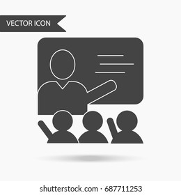 Icon with the image of the teacher at the school board and pupils on a white background. The flat icon for your web design, logo, UI. Vector illustration.