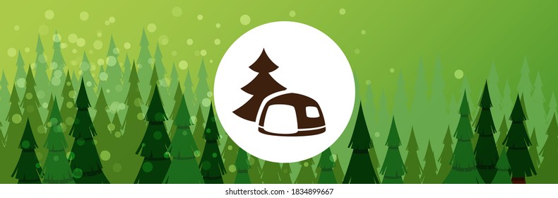 Icon with the Image of a Tent and Near a Pine Tree, on the Background of a Forest Landscape with Coniferous Trees. Horizontal Advertising banner. Flat design illustration