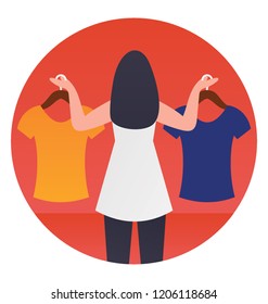 
Icon Image of young lady standing in clothes shop and choosing dress

