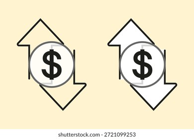Symbol für mehr oder weniger Geld. Symbol für abnehmenden oder steigenden Gewinn. Gewinn- und Verlustsymbole mit einem Pfeil. Symbol für steigende oder sinkende Kosten, Verkäufe oder Wechselkurse. Geld, Währung, Umsatz, Gewinn, Wirtschaft, Austausch, Handel. Vektorgrafik
