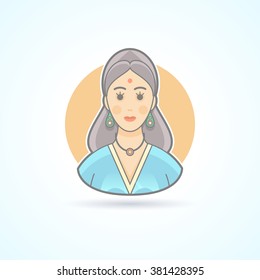 Icon of an Indian, Hindustani woman in traditional eastern cloth. Avatar and person illustration. Flat colored outlined style. Vector illustration.