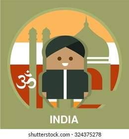 Icon of Indian person wearing national clothes on the traditional background in flat style, vector illustration 