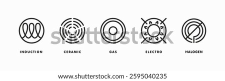 Icon of induction, electric hob, gas cooking stove, ceramic oven grate cooker and halogen stove. Top view symbol or logo template. Vector illustration