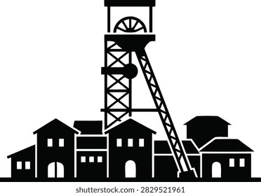 Icon of an industrial mining site featuring a headframe tower and surrounding buildings, isolated on white background.