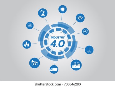 Icon Of Industry 4.0 Concept, Internet Of Things Network, Smart Factory Solution, Manufacturing Technology, Automation Robot With Gray Background