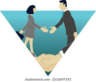 Icon or infographic of Asian businessman and businesswomen shaking hands on a turquoise gradient background in the shape of an inverted triangle. Closeup of handshake at the bottom.