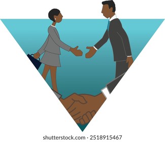 Icon or infographic of Black or African American businessman and businesswomen shaking hands on a turquoise gradient background in the shape of an inverted triangle. Closeup of handshake at bottom.