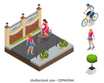 Icon or infographic element representing Part of the street with a fence and sidewalk. Roller Skating girl. Girl running. Active isometric vector People. Healthy Lifestyle.