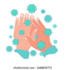 Icon infographic of hands after outside with coronavirus microbes Covid-19 around. Pandemic 2019-nCoV Coronavirus Bacteria under microscope. Modern flat design illustration. 
