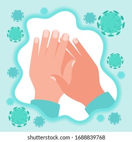 Icono infográfico de manos protegidas, contra microbios de coronavirus Covid-19 alrededor. Pandémica 2019-nCoV Bacterias del Coronavirus bajo microscopio. Ilustración moderna de diseño plano.