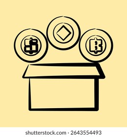 Icon initial coin offering. Crypto currency elements. Icon in hand drawn style.